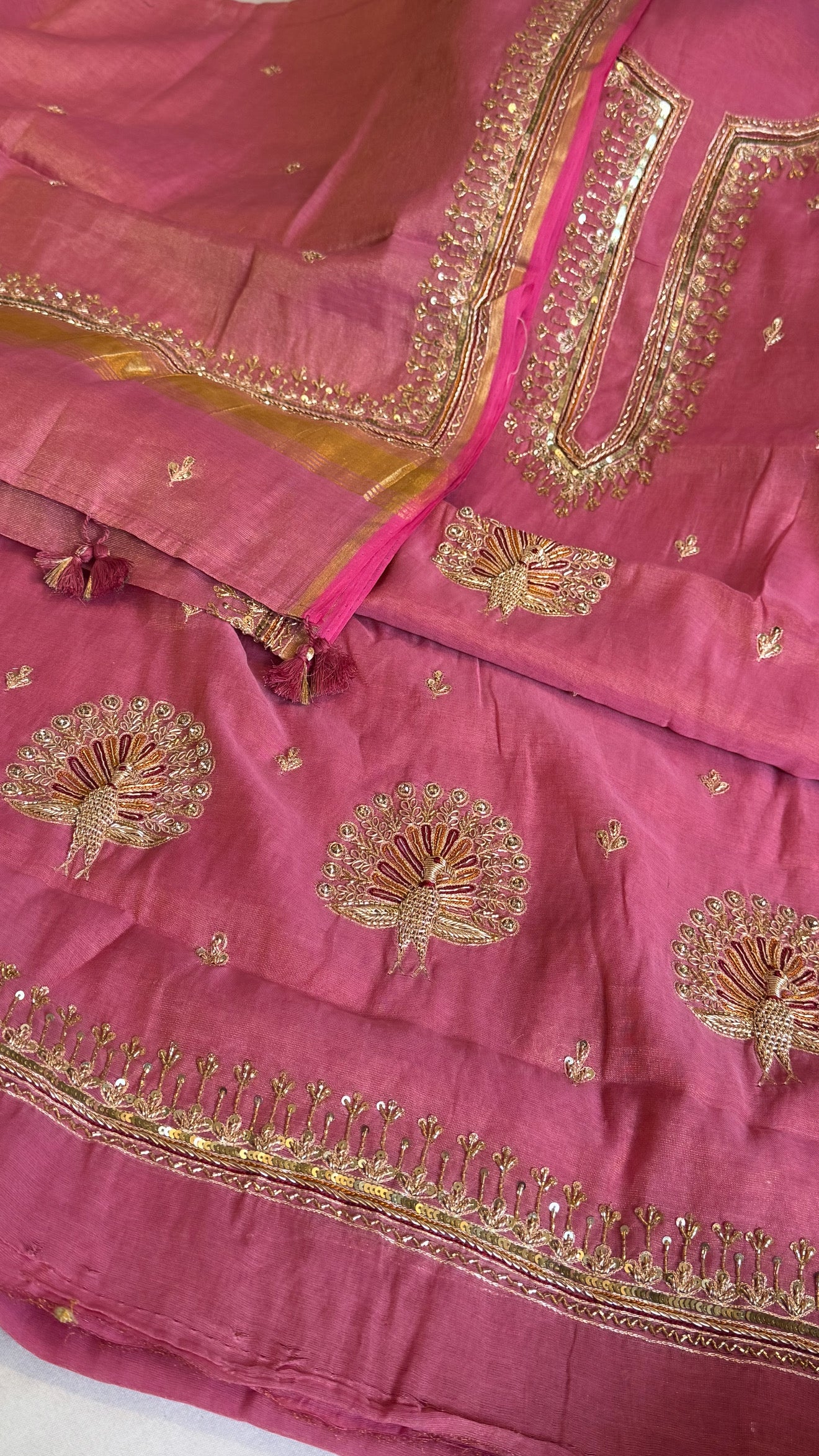 Candy pink mul cotton tissue silk hand embroidered kadhwa suit set
